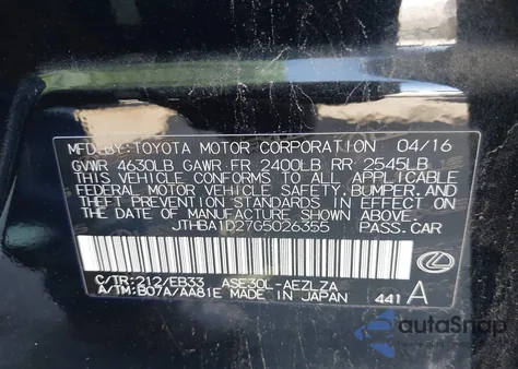 2016 Lexus Is 200T from USA, damaged, VIN JTHBA1D27G5026355